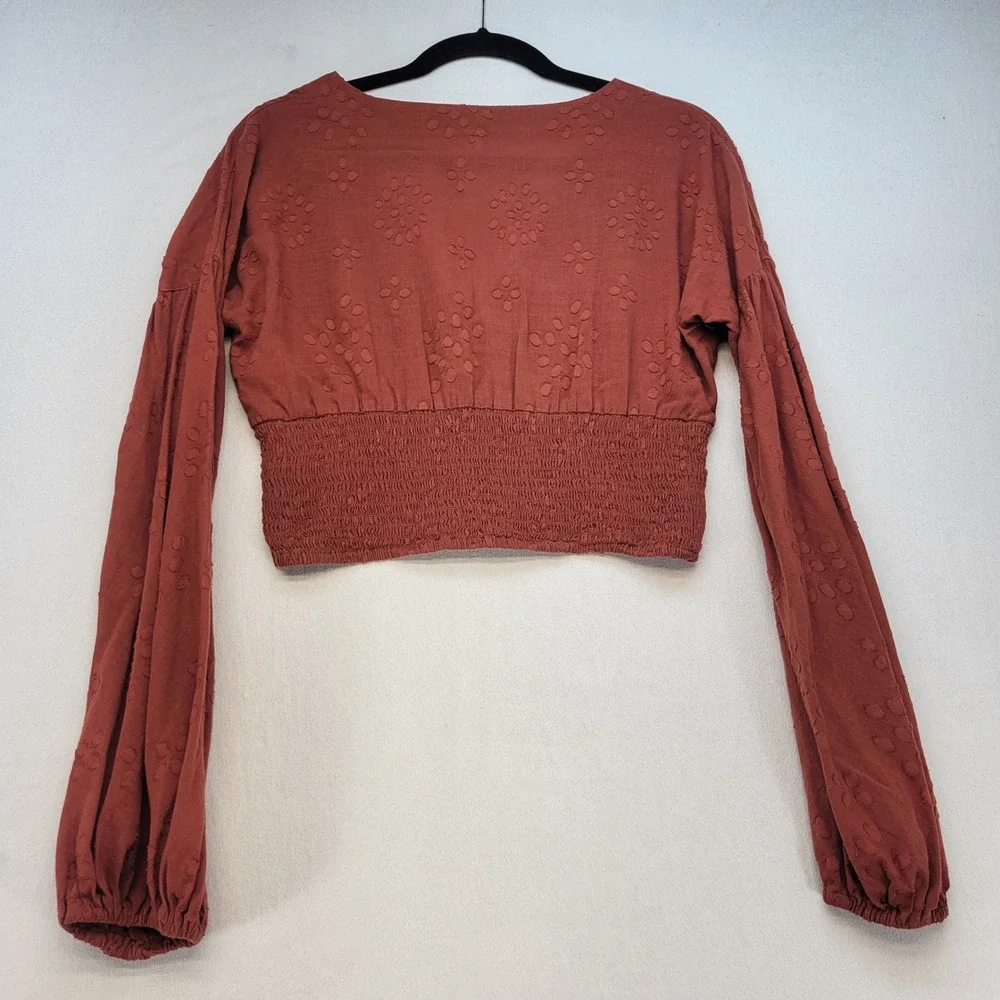 Free People Crop Top Womens Small Rust Orange Boho Dot Smocked V-Neck